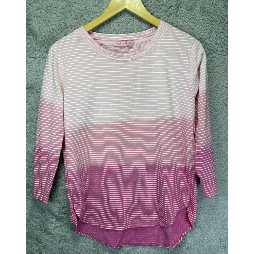 Fresh Produce Pink White Ombre Striped Cotton Long Slv Top Size SM Made in USA